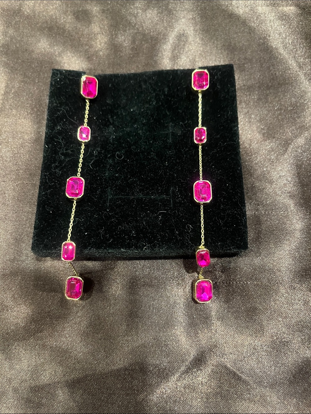Gold Drop Earrings with Fuchsia Rectangular Gemstones